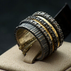 Silver 925 + Gold 18K "Spinner" Ring with Black + White Zircon Stones